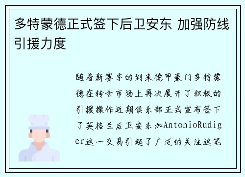 多特蒙德正式签下后卫安东 加强防线引援力度