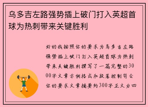 乌多吉左路强势插上破门打入英超首球为热刺带来关键胜利